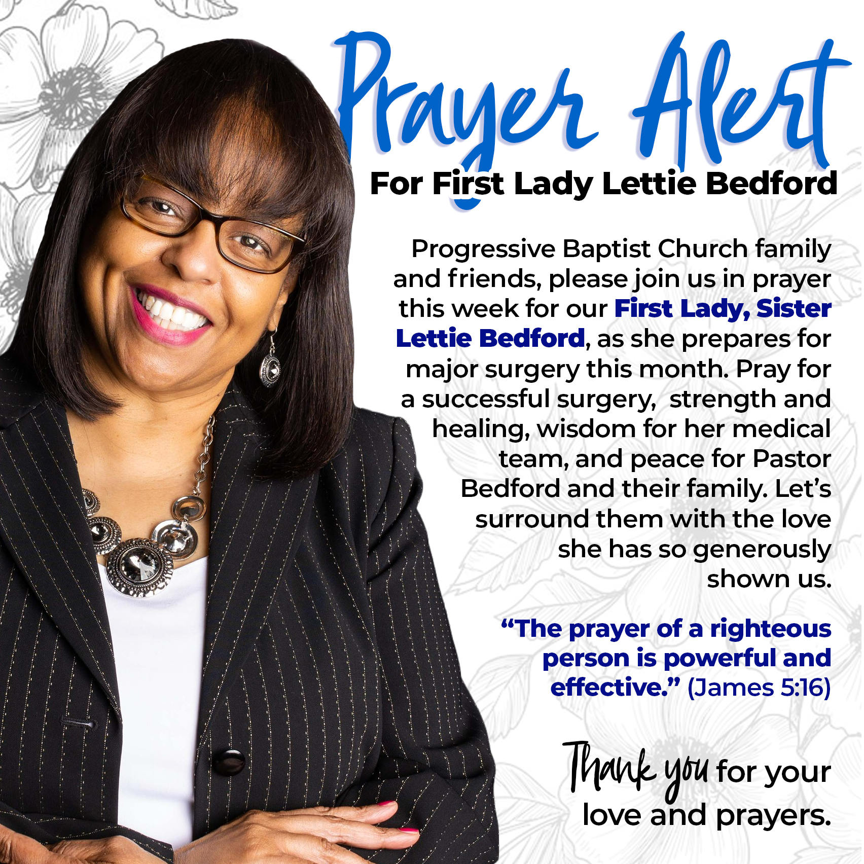 PRAYER ALERT first lady Lettie blue